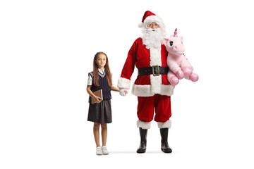 Santa Claus holding hand with a schoolgirl and carrying a unicorn