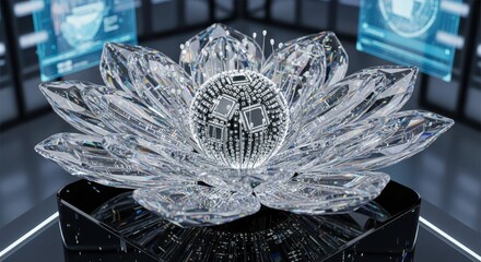 Crystalline lotus structure featuring a glowing technological core rests on a dark pedestal