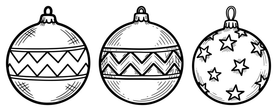 Three christmas tree baubles with zigzag and star patterns vector black and white hand drawn sketch illustration