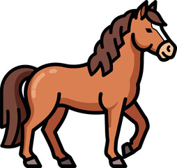 Brown horse standing proudly with a flowing mane and tail in a vibrant illustration.