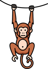 Cute cartoon monkey hanging from a rope illustration. © Faried