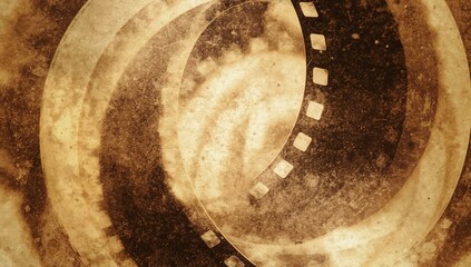 Spiraling perforated filmstrip showing sprocket holes forming concentric arcs in sepia, with grunge