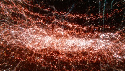 Flowing central band moving across void, showing red-orange sparks, white filaments, cyan streaks
