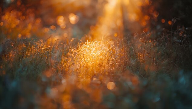 Glowing sunlit tuft of seed grass catching low sunbeam in grassy meadow, bokeh highlights - Powered by Adobe