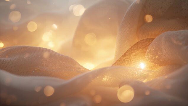 Bathing cream-beige sheer mesh fabric in warm backlight, showing glittering droplets and bokeh - Powered by Adobe