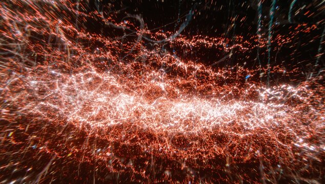 Flowing central band moving across void, showing red-orange sparks, white filaments, cyan streaks - Powered by Adobe