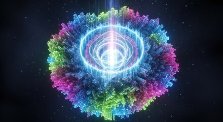 Glowing abstract sphere with vibrant crystalline spikes radiates energy against a dark cosmos background