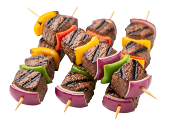 Delicious grilled beef and vegetable skewers with vibrant bell pepper and onion pieces, isolated on transparent background