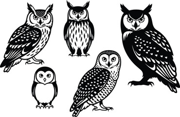 Vector set of five highly detailed black and white owl illustrations showing different species like the Great Horned Owl, perfect for logo and graphic design projects.