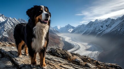 Bernese mountain dog standing on rocky cliff overlooking majestic glacier valley with snow-capped mountains under blue sky in alpine wilderness.