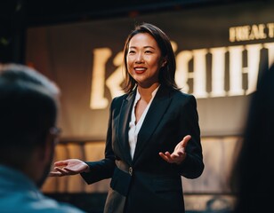 Confident businesswoman delivering engaging presentation on stage