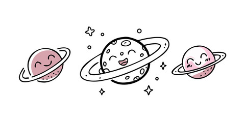 Cute pink planets with faces on white background space