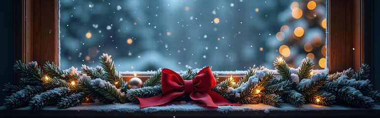 Cozy winter scene shows a snow-covered window sill decorated with pine branches, ornaments, and a red bow, viewed from inside a warm room.