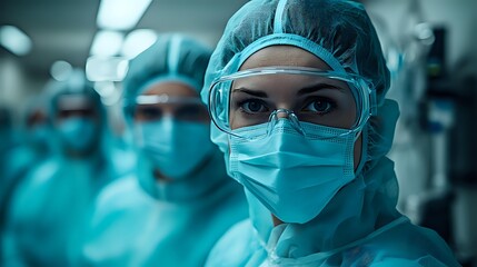 Healthcare professional in surgical attire with protective face mask and goggles in hospital corridor with medical team in background.