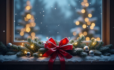 Festive greenery and ornaments adorn a windowsill, framing a cozy winter scene with twinkling lights.