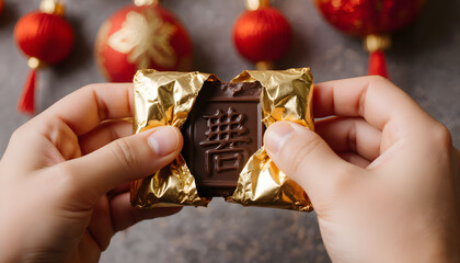Child's hands eagerly unwrapping a golden ingot chocolate gift