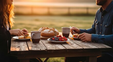 Woman and man sharing outdoor breakfast on wooden table under warm sunlight, enjoying healthy meal with fresh fruit and bread, for lifestyle concept.