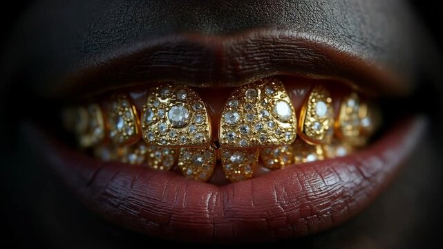 Stunning gold and diamond grillz shine brightly in close-up view, showcasing exquisite craftsmanship and bold luxury in a unique fashion statement 
