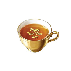 Happy New Year 2026! Golden Teacup Illustration. Luxury Tea Cup with Hot Beverage and Celebration Text. Isolated Vector Art.