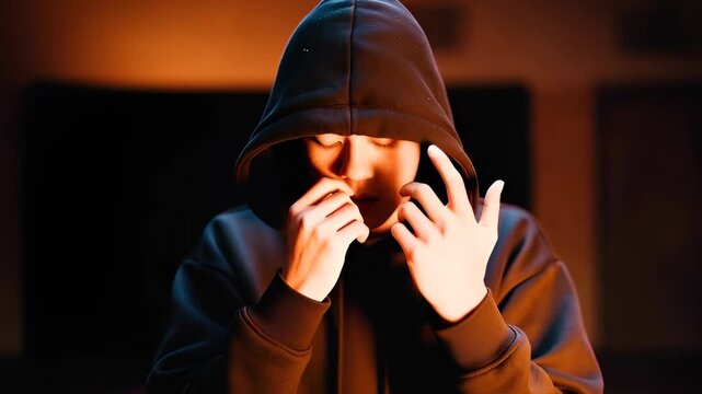 A depressed lonely teenager hiding face with hands in the dark then looking up. Concept of mental health anxiety, fear, emotional stress and identity crisis, 4K video.