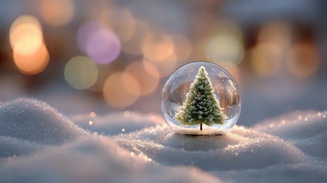 Magical Christmas snow globe with miniature pine tree on snowy surface against blurred bokeh lights background for holiday greeting cards. - Powered by Adobe