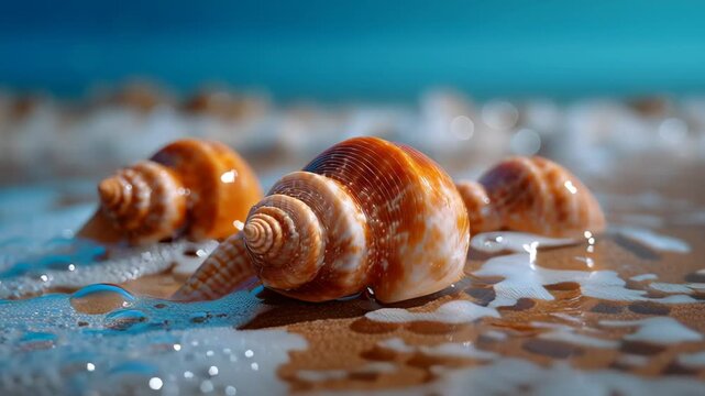 Seashells sandy beach with foamy sea water and blurred ocean background creating calm peaceful mood and natural beauty of sea