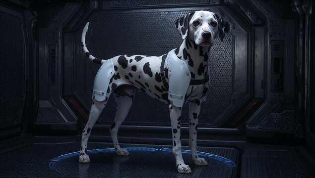 Standing Dalmatian wearing white armored harness on grated floor in spacecraft with blue ring - Powered by Adobe