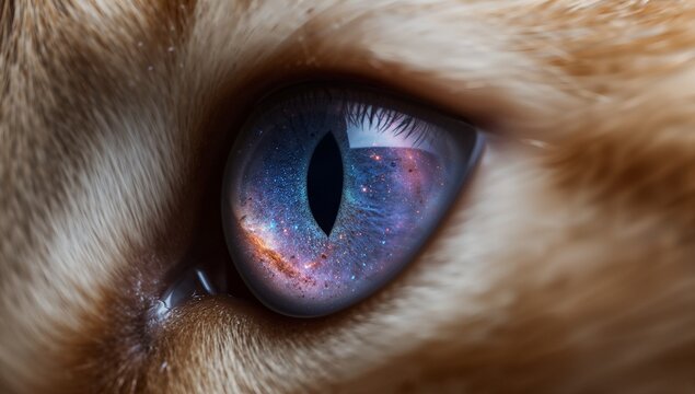 Showing feline eye with blue-violet iris and galaxy pattern, slit pupil, macro shot, ginger fur - Powered by Adobe