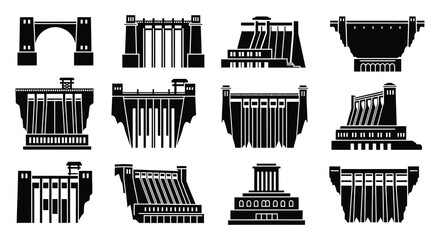 Collection of dam structures in stark black silhouette