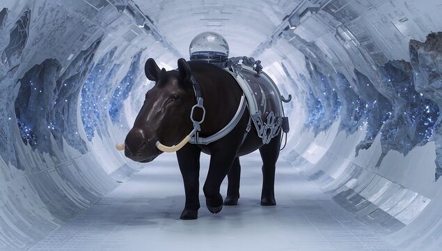 Walking hippo-like animal wearing harness and dome backpack in sealed tunnel with glowing crystals