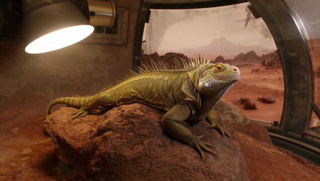 Resting large green iguana basking on reddish rock inside glass dome habitat, with heat lamp