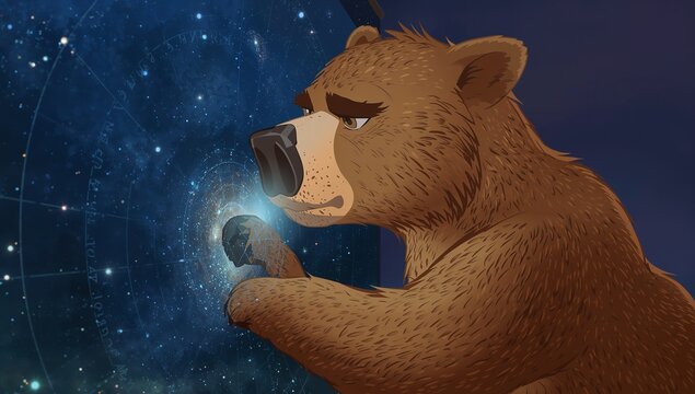 Touching anthropomorphic brown bear studying holographic star chart in deep star field, glowing orb - Powered by Adobe