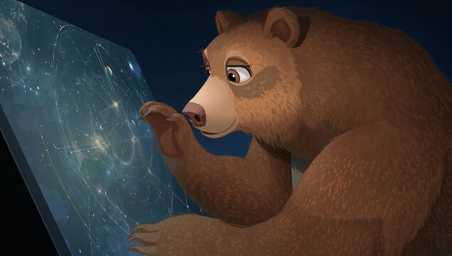 Examining brown bear tracing glowing star chart on tilted panel with raised paw in observatory - Powered by Adobe
