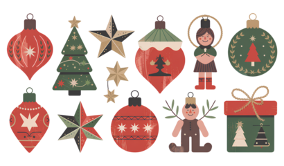 Hand-Painted Antique Christmas Element Collection with Rustic Craft Designs and Warm Holiday Colors