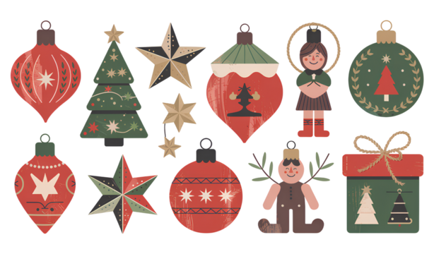 Hand-Painted Antique Christmas Element Collection with Rustic Craft Designs and Warm Holiday Colors