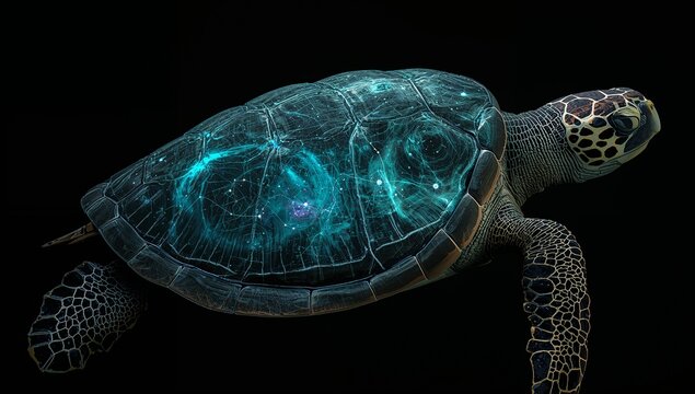 Gliding single sea turtle showing turquoise glowing network on carapace and flippers in deep water