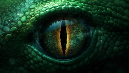 Obraz premium Showing reptilian eye with slit pupil filling closeup frame, reflecting glossy cornea and scales