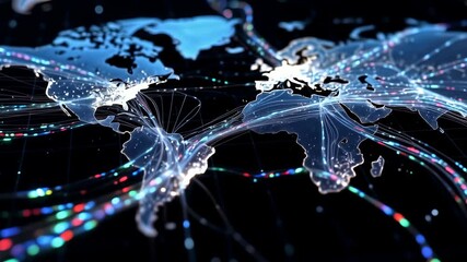 Digital 3D world map showing global logistics routes and flight paths. Concept of international trade, supply chain transportation and business network connection, 4K video animation. - Powered by Adobe