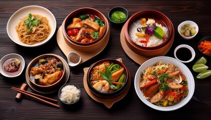 a variety of flavorful asian dishes are arranged artfully on a dark wood surface showcasing vibrant colors and tempting textures perfect for a food photography project