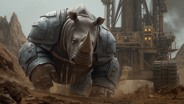 Charging armored rhinoceros plowing through rocky quarry, with bolted armor and drilling rig