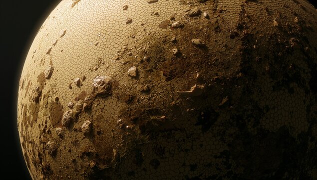 Showing textured planetary sphere revealing hexagonal tiling in outer space, with rocky outcrops