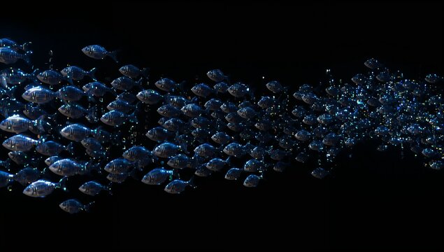 Gliding centered shoal of shiny fish forms in dark gallery, with cool light, sparkles, wires