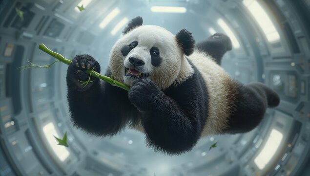 Floating giant panda gripping green bamboo stalk inside sealed tech chamber, showing ribbed tunnel - Powered by Adobe