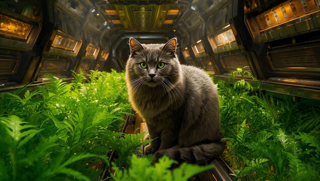 Sitting long-haired grey cat surveying metal walkway greenhouse with LED grow lights, fern rows