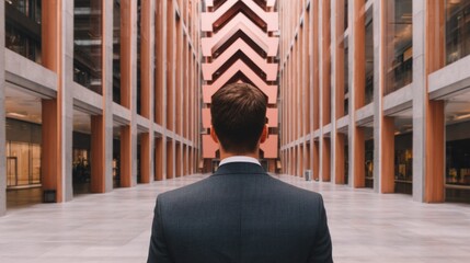 A man in a suit stands in a modern architectural space, facing a striking geometric design that creates a sense of depth and perspective.