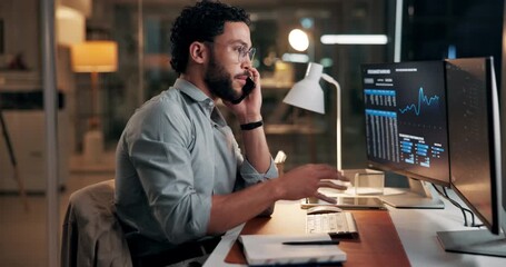 Man, computer screen and phone call for trading, night and stock market charts at startup. Person, smartphone and explain with graphs, talk and consultation with investment portfolio in dark office - Powered by Adobe