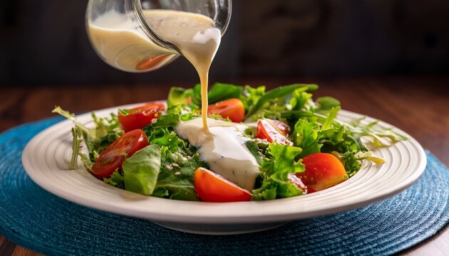 creamy ranch dressing pours over vibrant garden salad fresh tomatoes and crisp greens mix with a creamy sauce healthy lunch or dinner option colorful and delicious food - Powered by Adobe