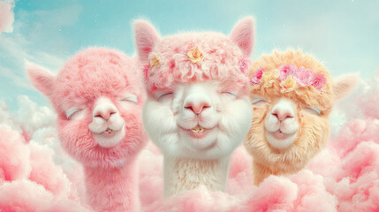 Obraz premium Drei niedliche Alpakas in Pastellfarben mit Blumenkranz in verträumter Wolkenlandschaft 