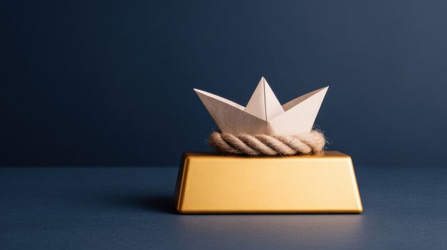A golden bar topped with a paper boat, symbolizing creativity and ambition against a simple, dark background.