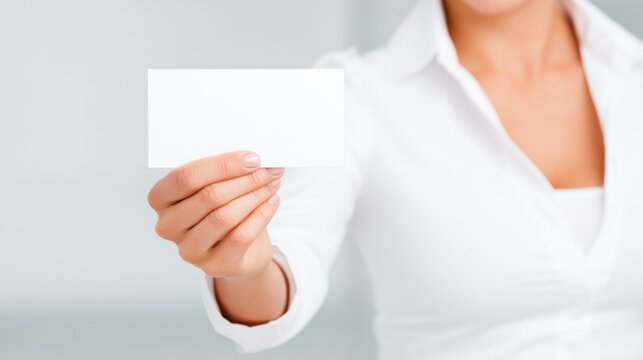 A person holds a blank card, showcasing a clean and professional appearance in a minimalistic setting.
